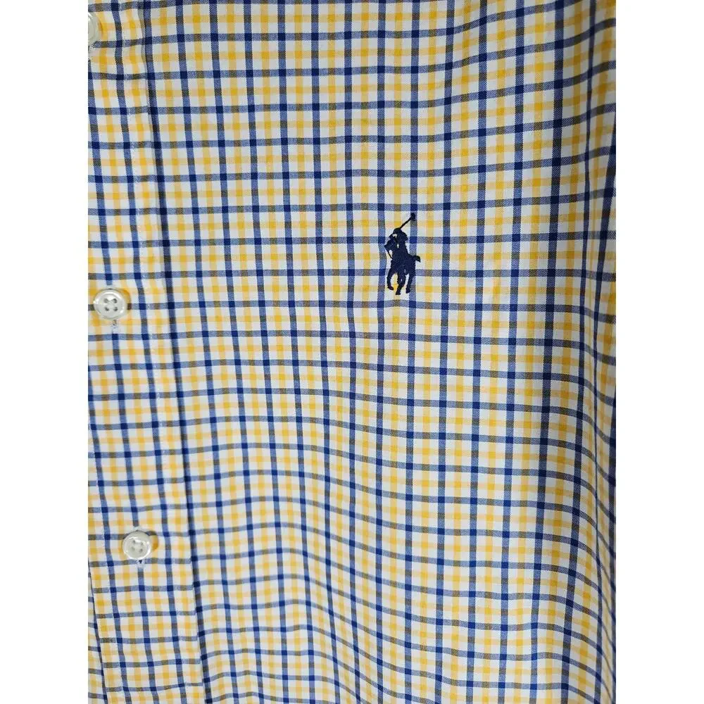 Ralph Lauren Polo Mens Polo Shirt Plaid Yellow Blue Logo Size Medium Stanton Fit